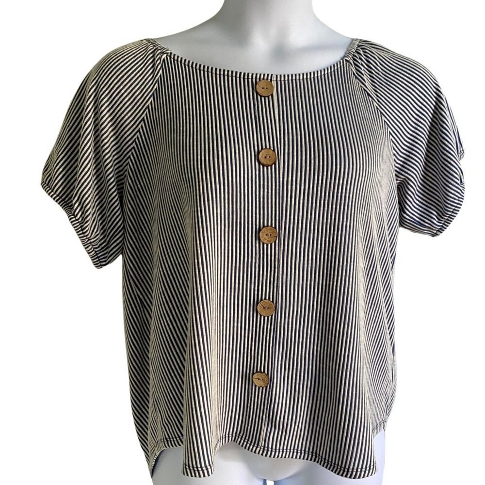 Retrology Petite Blue and White Vertical Striped Short Sleeve Top PXL